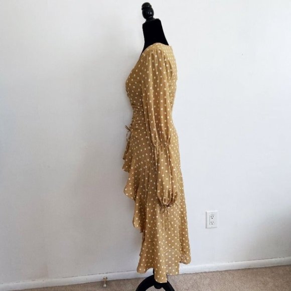 NWT Finders Keepers Rosie Tan Hi-Lo Polka Dot Ruffle Ruched Ruffle Dress S - Picture 2 of 11